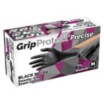 A box of GripProtect Precise black nitrile exam gloves. The box displays an image of a hand wearing a glove. It is labeled Powder-Free Exam Gloves and contains 100 gloves in size M.