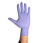 A hand wearing a purple latex glove is raised against a white background, reminiscent of precision in handling laboratory solutions. The glove fits snugly, covering the entire hand and extending slightly onto the wrist.