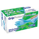 Box of GripProtect Precise Blue nitrile powder-free exam gloves. The box is mostly green and blue, showing an image of a hand wearing a glove. Text highlights 200 gloves and Medium size.