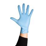A hand wearing a blue latex glove is raised against a white background, evoking the meticulous precision of process research labs. The wrist and forearm are covered with a black sleeve, making the glove stand out prominently.