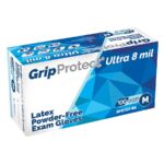 The image shows a box of GripProtect Ultra 8 mil Latex Powder-Free Exam Gloves. It is blue and white, contains 100 gloves, and is marked with the letter M for medium size.
