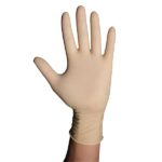 A right hand wearing a beige latex glove is raised with fingers spread against a plain white background.