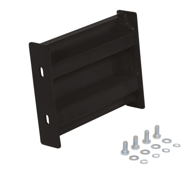 The Vestil Bolt-On Style Guard Rail 1 Ft Black is shown with a metal bracket featuring slotted side holes, along with five bolts, washers, and nuts on a white background.