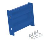 The Vestil Bolt-On Style Guard Rail 1 Ft Blue is a rectangular metal bracket with two mounting holes and a glossy finish. It includes six neatly arranged metal bolts and washers, making it an essential part of the mounting kit.