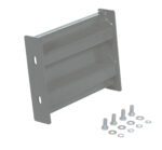 The gray metal bracket with a semi-gloss finish looks like the Vestil Bolt-On Style Guard Rail 1 Ft Gray Semi Gloss and has two horizontal slots with mounting holes on each side, plus neatly arranged screws, nuts, and washers on a plain white background.
