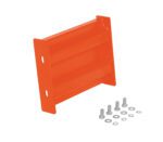 The Vestil Bolt-On Style Guard Rail 1 Ft Orange, featuring a unique ridged design, is displayed with silver screws and washers on a white background, highlighting its sturdy assembly components.