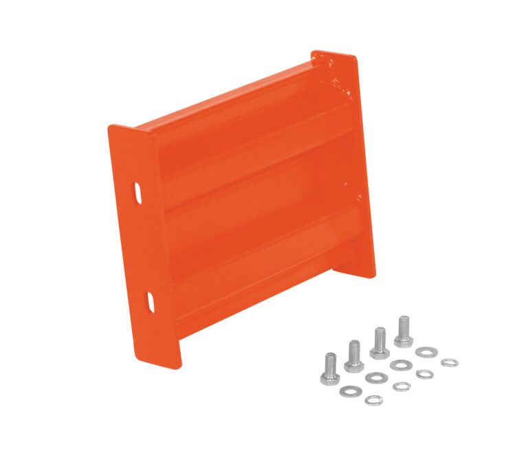 The Vestil Bolt-On Style Guard Rail 1 Ft Orange, featuring a unique ridged design, is displayed with silver screws and washers on a white background, highlighting its sturdy assembly components.