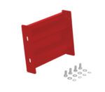 The Vestil Bolt-On Style Guard Rail 1 Ft Red has two slotted holes per side and a ridged center. Five silver bolts, washers, and nuts are lined up nearby on a white background.