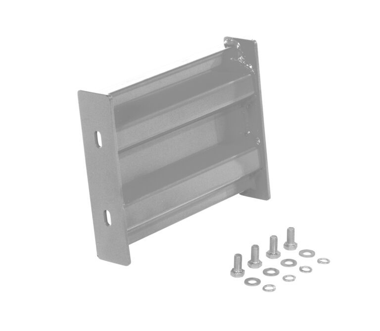 The Vestil Bolt-On Style Guard Rail 1 Ft Silver features a silver gray metal bracket with three horizontal slats and two vertical side panels. It includes small screws, bolts, and washers for mounting or support tasks.