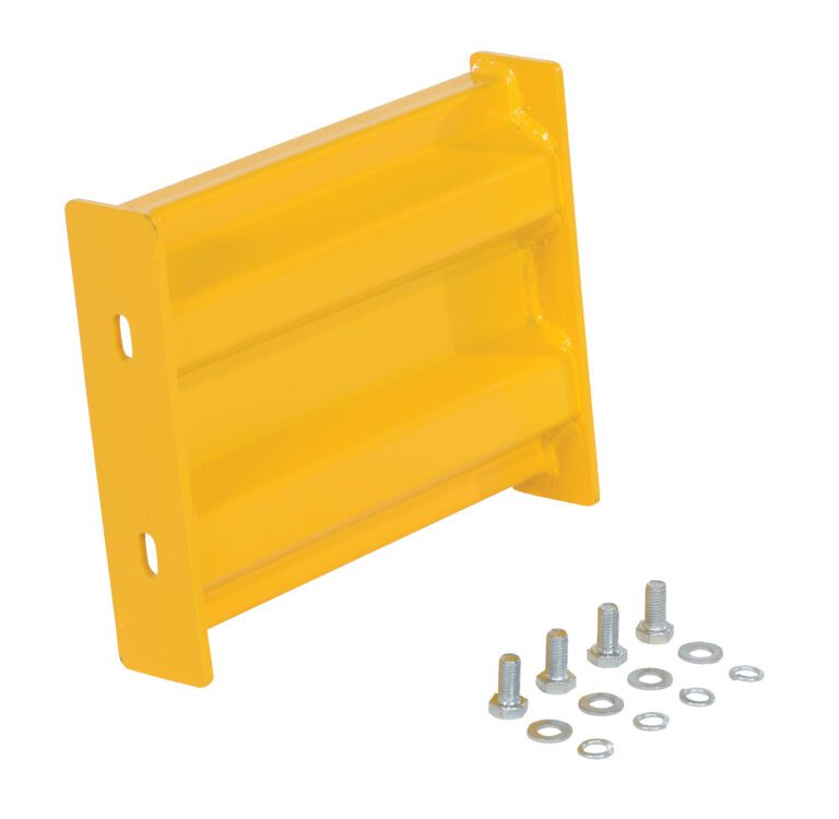 GR-F2R-BO-1-YL_A.jpg The Vestil Bolt-On Style Guard Rail 1 Ft Yellow is a rectangular metal bracket featuring two horizontal ridges, accompanied by six screws and washers, all set on a white surface.