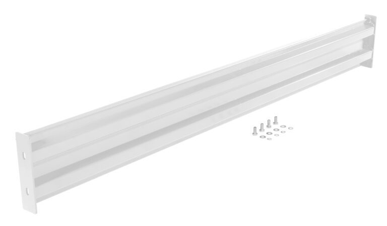 A white metal strip with two parallel grooves, screws, and washers lies against a plain background. Perfect for assembly or installation, it resembles the robust design of the Vestil Bolt-On Style Guard Rail 10 Ft White.