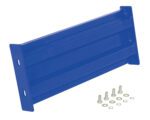 The Vestil Bolt-On Style Guard Rail 2 Ft Blue is rectangular and has two mounting holes on each end, accompanied by six bolts with washers on a pristine white background.
