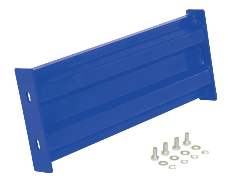 The Vestil Bolt-On Style Guard Rail 2 Ft Blue is rectangular and has two mounting holes on each end, accompanied by six bolts with washers on a pristine white background.