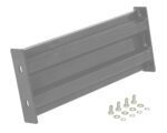 The Vestil Bolt-On Style Guard Rail 2 Ft Gray Semi Gloss includes a black rectangular bracket with a ribbed design, two mounting holes at each end, and comes with five bolts and washers.