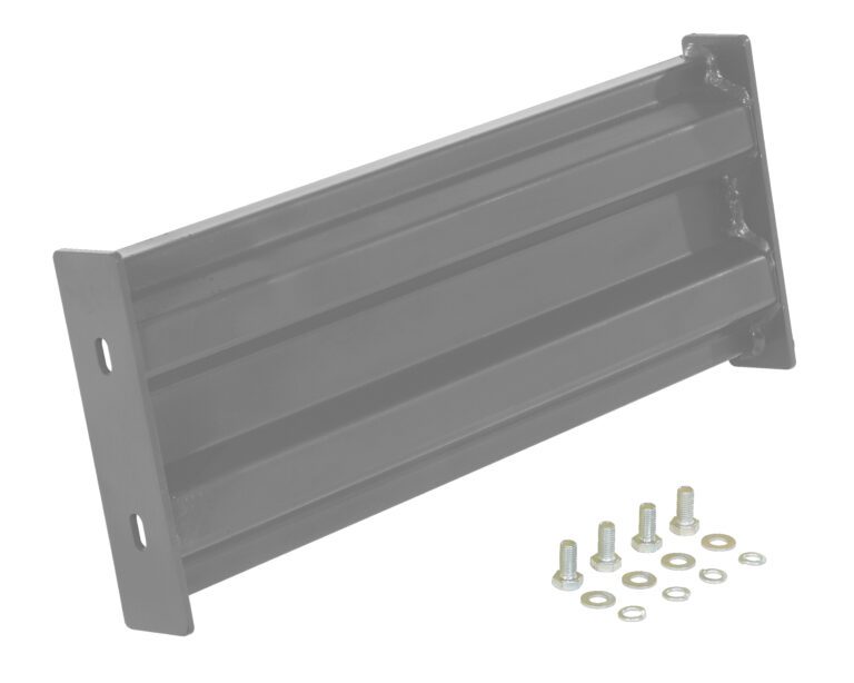 The Vestil Bolt-On Style Guard Rail 2 Ft Gray Semi Gloss includes a black rectangular bracket with a ribbed design, two mounting holes at each end, and comes with five bolts and washers.