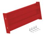 A red metal bracket from the Vestil Bolt-On Style Guard Rail 2 Ft Red series, rectangular in shape and with two mounting holes at each end, is placed next to a few screws, washers, and nuts on a white background.