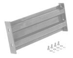 A metal mounting bracket with two elongated slots lies on a surface, alongside neatly arranged bolts, washers, and nuts, echoing the sturdy design of the Vestil Bolt-On Style Guard Rail 2 Ft Silver.