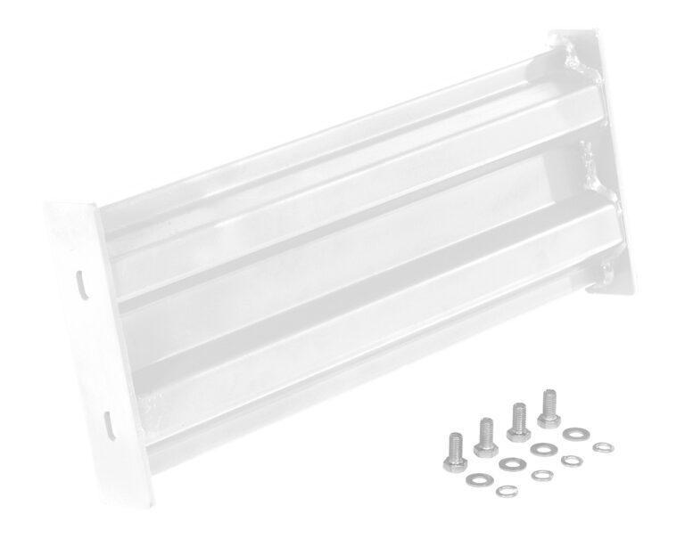 A robust metal shelf bracket with a slotted design, resembling the Vestil Bolt-On Style Guard Rail 2 Ft White. It includes screws, washers, and nuts organized alongside it, and each side has two mounting holes for easy installation.