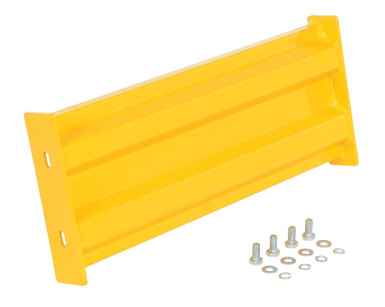 The Vestil Bolt-On Style Guard Rail 2 Ft Yellow includes a sturdy flanged metal bracket with three horizontal ridges and comes with four bolts, nuts, and washers, designed for secure mounting against a plain white background.
