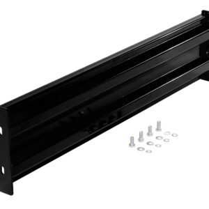 Displayed is a black, rectangular metal bracket with flanges, resembling the Vestil Bolt-On Style Guard Rail 4 Ft Black, accompanied by six neatly arranged silver bolts and washers. It appears designed for mounting or securing purposes.