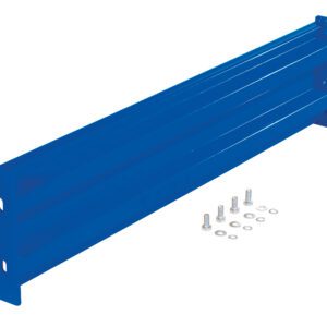 The Vestil Bolt-On Style Guard Rail 4 Ft Blue, a blue metal shelf bracket with a rectangular design, features mounting holes on each vertical end and includes four bolts and washers, all displayed against a clean white background.