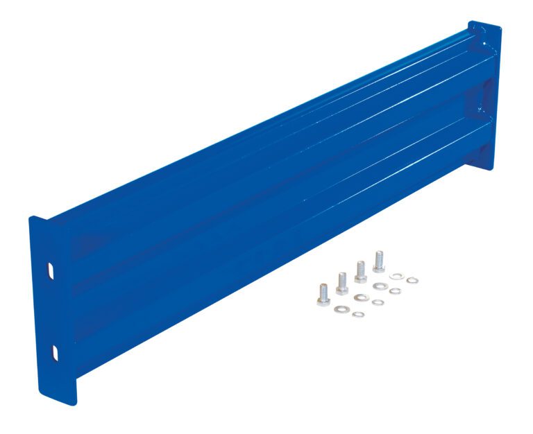 GR-F2R-BO-4-BU_A.jpg The Vestil Bolt-On Style Guard Rail 4 Ft Blue, a blue metal shelf bracket with a rectangular design, features mounting holes on each vertical end and includes four bolts and washers, all displayed against a clean white background.
