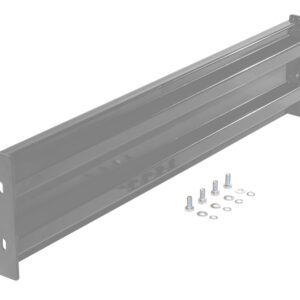 A rectangular black metal bracket resembling the Vestil Bolt-On Style Guard Rail 4 Ft Gray Semi Gloss, featuring flanged ends with mounting holes, is displayed with screws and washers neatly arranged beneath.