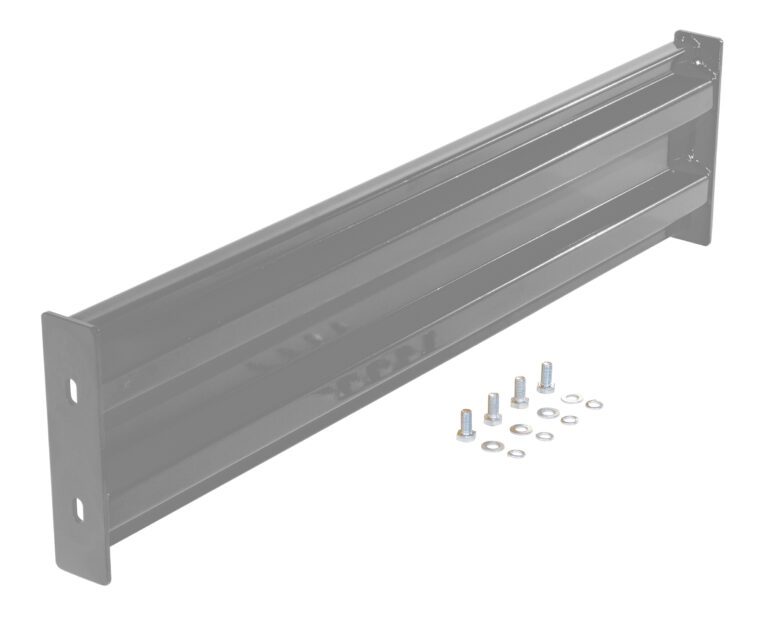 A rectangular black metal bracket resembling the Vestil Bolt-On Style Guard Rail 4 Ft Gray Semi Gloss, featuring flanged ends with mounting holes, is displayed with screws and washers neatly arranged beneath.