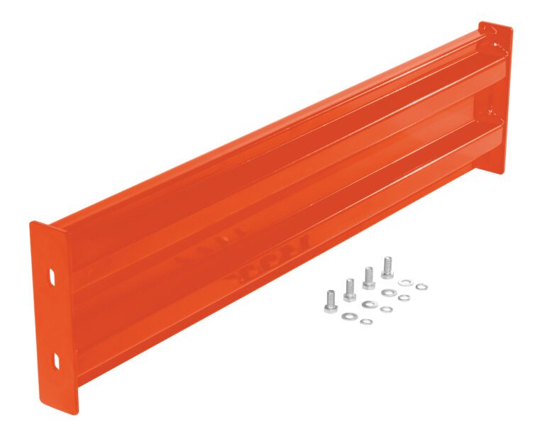 The Vestil Bolt-On Style Guard Rail 4 Ft Orange features an orange metal beam with mounting holes and comes with six silver bolts and washers.