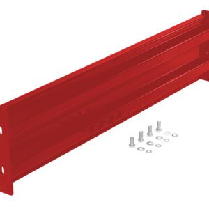 The Vestil Bolt-On Style Guard Rail 4 Ft Red bracket has a rectangular design with two holes on each side and includes bolts and washers for secure mounting.