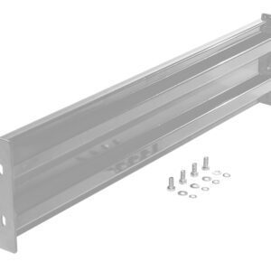 The Vestil Bolt-On Style Guard Rail 4 Ft Silver includes a metal wall-mount bracket with dual holes on each end, a central groove, five bolts, and washers, all showcased against a white background.
