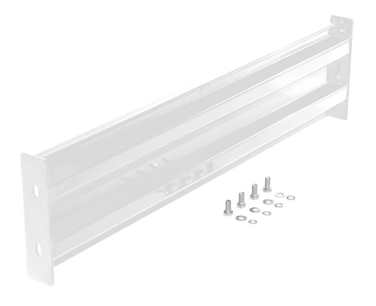 GR-F2R-BO-4-WT_A.jpg A rectangular metal mounting bracket with two screw holes on each end complements the Vestil Bolt-On Style Guard Rail 4 Ft White. Below it, four screws and washers are neatly in a row, all isolated on a white background.