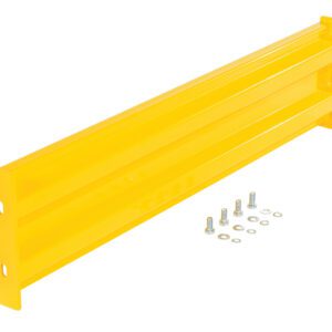 The Vestil Bolt-On Style Guard Rail 4 Ft Yellow features a rectangular yellow metal barrier with two mounting holes on each end, including bolts, nuts, and washers for secure installation onto surfaces for protection.