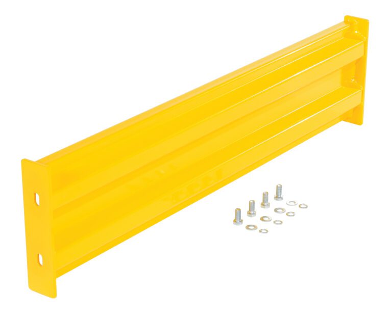 GR-F2R-BO-4-YL_A.jpg The Vestil Bolt-On Style Guard Rail 4 Ft Yellow features a rectangular yellow metal barrier with two mounting holes on each end, including bolts, nuts, and washers for secure installation onto surfaces for protection.