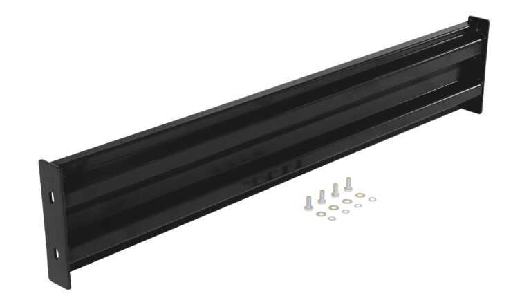 A black metal bracket similar to the Vestil Bolt-On Style Guard Rail 5 Ft Black is displayed diagonally on a white background, with screws and washers nearby for mounting.