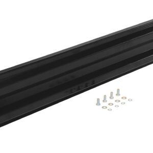 A black metal bracket similar to the Vestil Bolt-On Style Guard Rail 5 Ft Black is displayed diagonally on a white background, with screws and washers nearby for mounting.