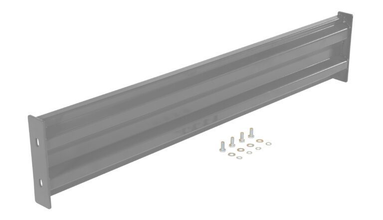 Rectangular gray metal support beam with mounting holes at each end, like the Vestil Bolt-On Style Guard Rail 5 Ft Gray Semi Gloss, shown with screws, nuts, and washers on a white background.