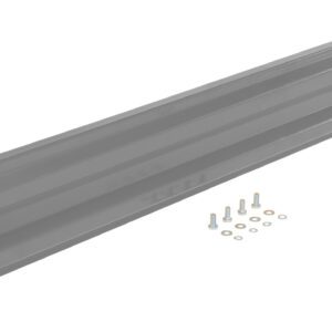 Rectangular gray metal support beam with mounting holes at each end, like the Vestil Bolt-On Style Guard Rail 5 Ft Gray Semi Gloss, shown with screws, nuts, and washers on a white background.