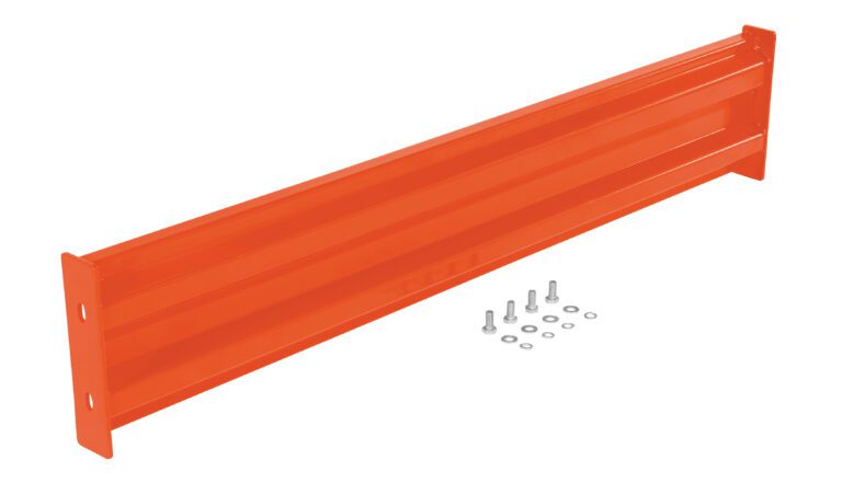 A 5 ft orange metal shelf bracket, similar to the Vestil Bolt-On Style Guard Rail, with two holes on each end is diagonally set against a white background, accompanied by six bolts and washers neatly arranged below.