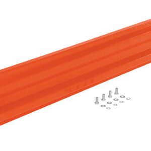 A 5 ft orange metal shelf bracket, similar to the Vestil Bolt-On Style Guard Rail, with two holes on each end is diagonally set against a white background, accompanied by six bolts and washers neatly arranged below.