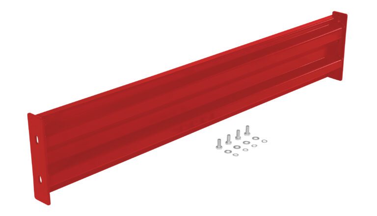 The Vestil Bolt-On Style Guard Rail, a red metal bracket, is shown with screws and washers. It has holes at both ends for easy mounting.