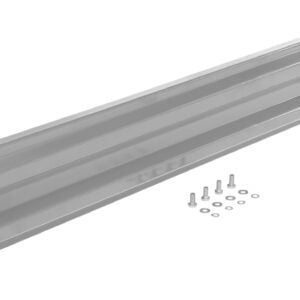 The metal bracket resembles a Vestil Bolt-On Style Guard Rail 5 Ft Silver and sits diagonally with mounting holes. In front, screws and washers complement its smooth, reflective surface featuring ridges for added strength and stability.