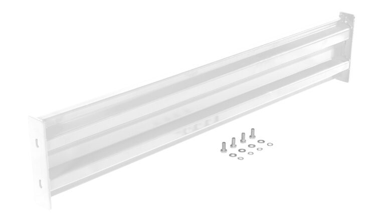 GR-F2R-BO-5-WT_A.jpg The Vestil Bolt-On Style Guard Rail 5 Ft White includes a metal support bracket with multiple horizontal slats, screws, and washers. Designed for durability, it features holes on each side for secure mounting.