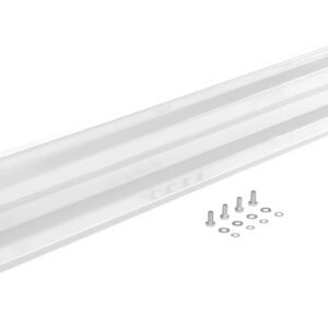 The Vestil Bolt-On Style Guard Rail 5 Ft White includes a metal support bracket with multiple horizontal slats, screws, and washers. Designed for durability, it features holes on each side for secure mounting.