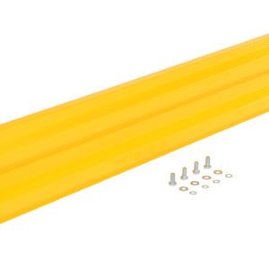 The Vestil Bolt-On Style Guard Rail 5 Ft Yellow is a rectangular metal beam with three grooves, includes six bolts and washers in parallel rows, and features end holes for secure installation.