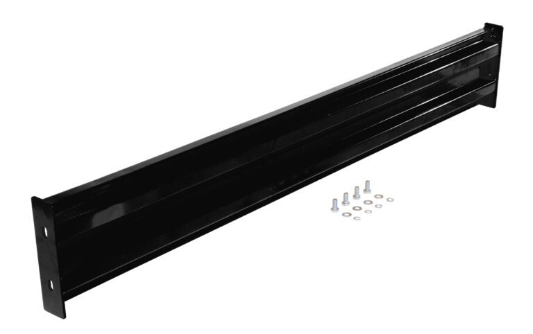 GR-F2R-BO-6-BK_A.jpg The sleek black metal bracket, similar to the Vestil Bolt-On Style Guard Rail 6 Ft Black, is rectangular with two mounting holes at each end. It includes six screws and washers, all neatly set on a white background.