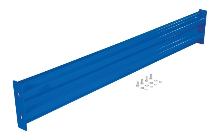 GR-F2R-BO-6-BU_A.jpg A vibrant blue Vestil Bolt-On Style Guard Rail, 6 ft long, includes holes on each end for secure installation with six bolts and washers arranged in two rows beside it.