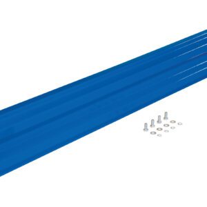 A vibrant blue Vestil Bolt-On Style Guard Rail, 6 ft long, includes holes on each end for secure installation with six bolts and washers arranged in two rows beside it.