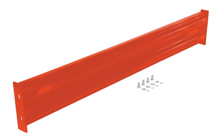 GR-F2R-BO-6-OR_A.jpg An orange shelf bracket similar to the Vestil Bolt-On Style Guard Rail 6 Ft Orange features a long rectangle with mounting holes at both ends, while screws and washers are neatly set beneath on a white background.