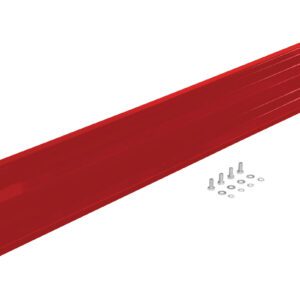 A six-foot red metal bracket with ribbed detailing, like the Vestil Bolt-On Style Guard Rail 6 Ft Red, is paired with small silver screws and washers on a white background.